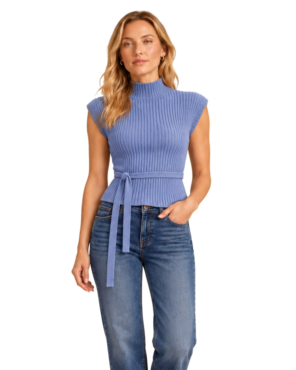 The Rosie Belted Ribbed Mock Neck Top
