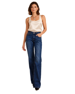 Elina Silk Top in ecru, full-length front view with square neckline, worn with dark-wash flare jeans