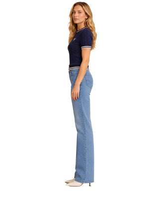 Charlotte Short Sleeve Sweater in navy, side view showing the striped cuff and fitted length