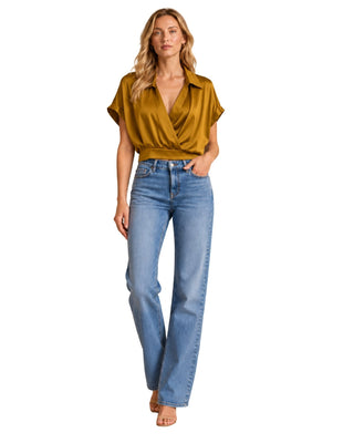 Veronica Silky Top in gold brown, full-length front view with wrap neckline, worn with straight leg jeans