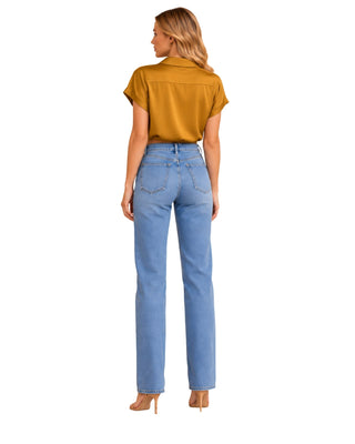 Veronica Silky Top in gold brown, back view with folded cuffs and light wash jeans