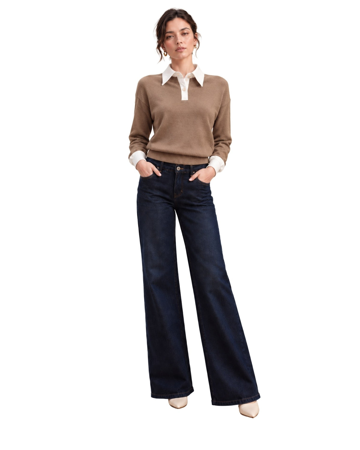 The Eve Layered Collar Polo Sweater - Mocha