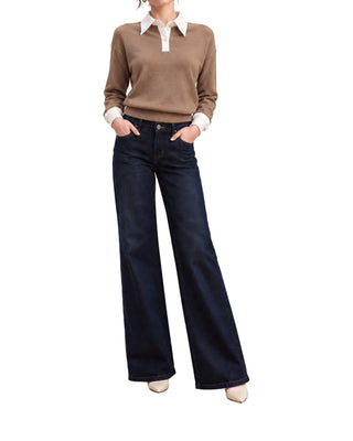 The Eve Layered Collar Polo Sweater and Lettie Wide Leg Denim Trousers – close-up front view showing the layered collar