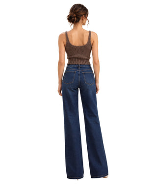 Tori Fringed Hem Knit Tank Top in taupe, back view with a low scoop back, worn with dark jeans