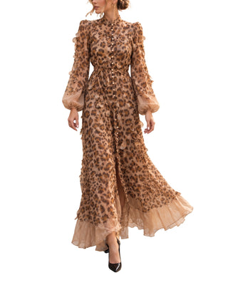 The Leopard Print Ruffle Midi Dress – front view on model in motion