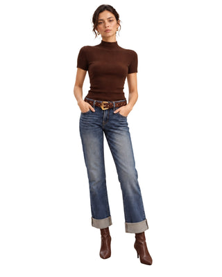 The Evelyn Straight Cuffed Jeans – front view on model, styled with a brown top and ankle boots