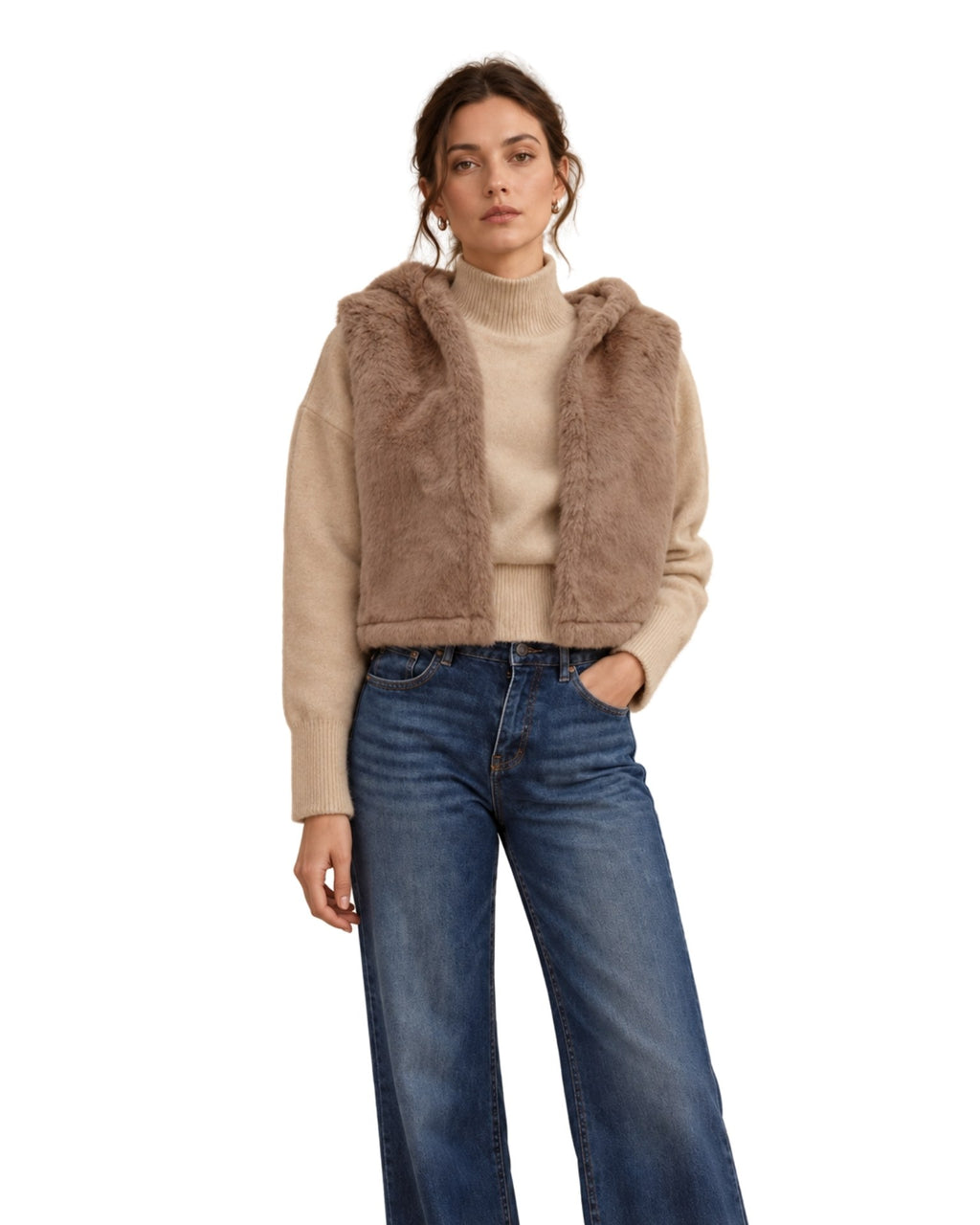 The Lara Faux Fur Hooded Vest - Sand