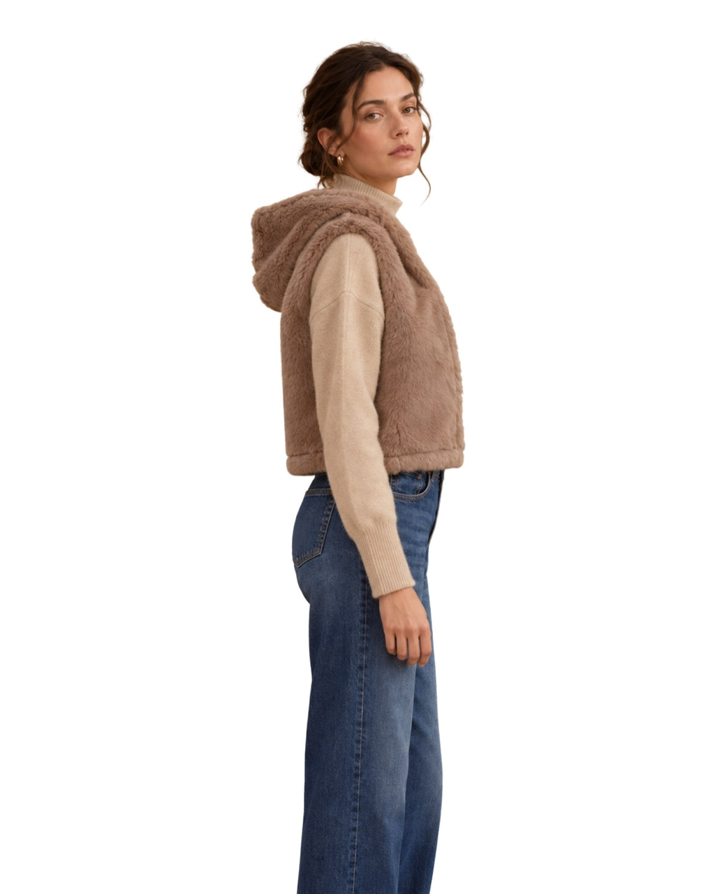 The Lara Faux Fur Hooded Vest - Sand