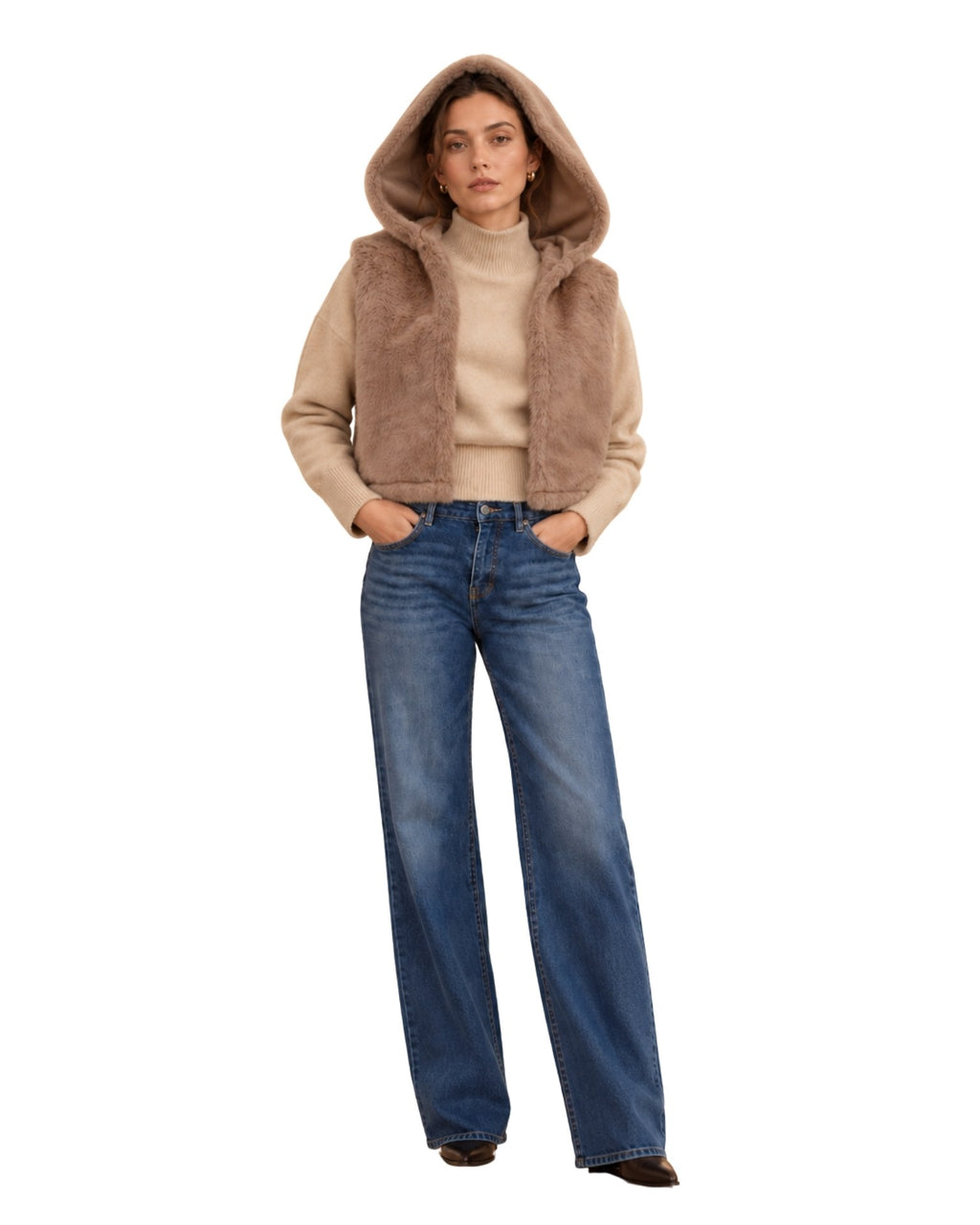 The Lara Faux Fur Hooded Vest - Sand