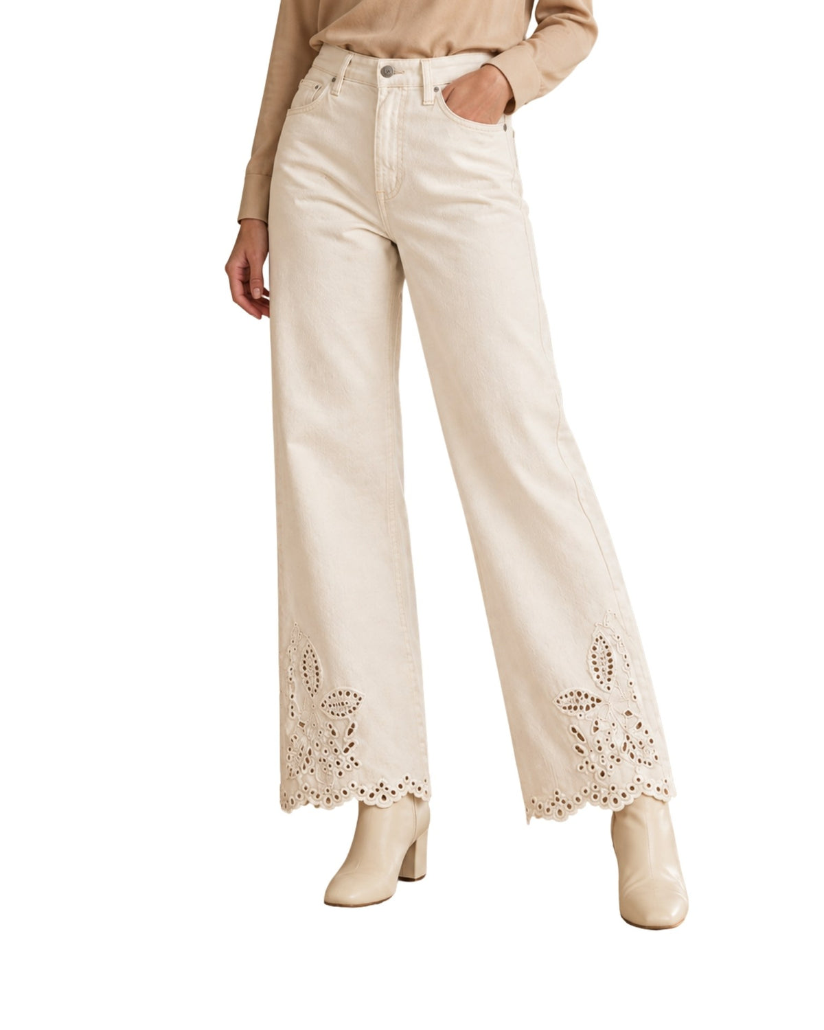 The Lili High Waist Embroidered Pants - White