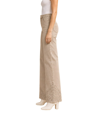 The Gia Barrel-Leg Embroidered Pants - Almond – side view on model