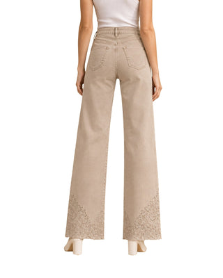 The Gia Barrel-Leg Embroidered Pants - Almond – back view on model