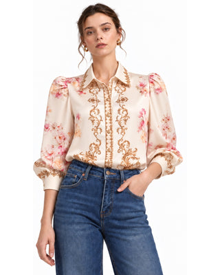 Zim Top in light pink, front view with gold scroll and pink floral print and puff sleeves, worn with jeans