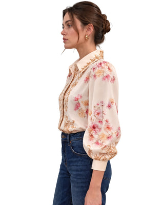 Zim Top in light pink, side profile with full balloon sleeve and floral print