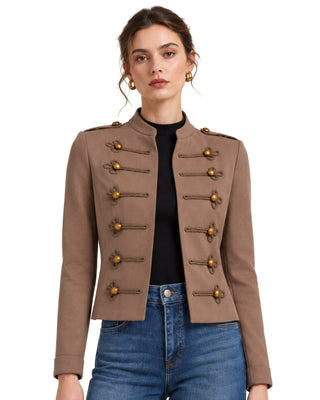 Regal Woven Jacket in ash mocha, front view with gold buttons, braided frogging and stand collar