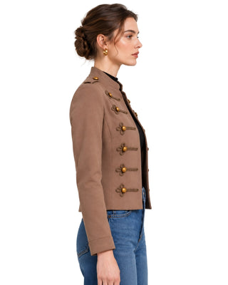 Regal Woven Jacket in ash mocha, side view with shoulder epaulette and cropped length