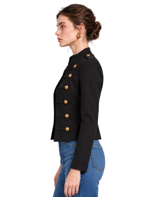 Regal Woven Jacket in black, side view with stand collar and gold buttons