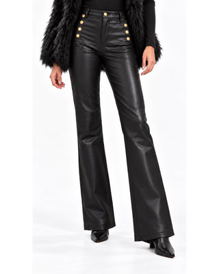 Bianca Imperial Pants in black, front view with gold sailor buttons and flared legs