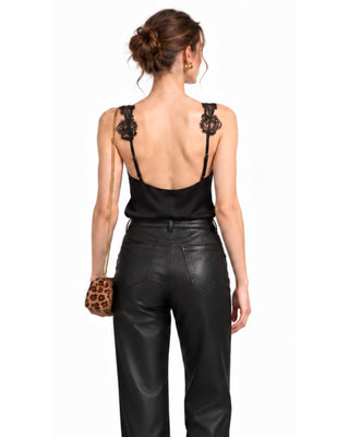 The Pricilla Lace Trimmed Satin Top - Black