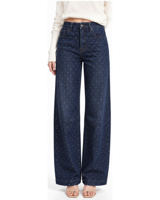 The Rhinestone High Rise Barrel Denim - Dark Denim