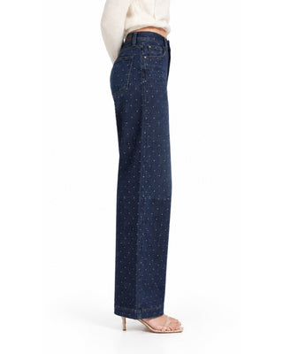 The Rhinestone High Rise Barrel Denim - Dark Denim