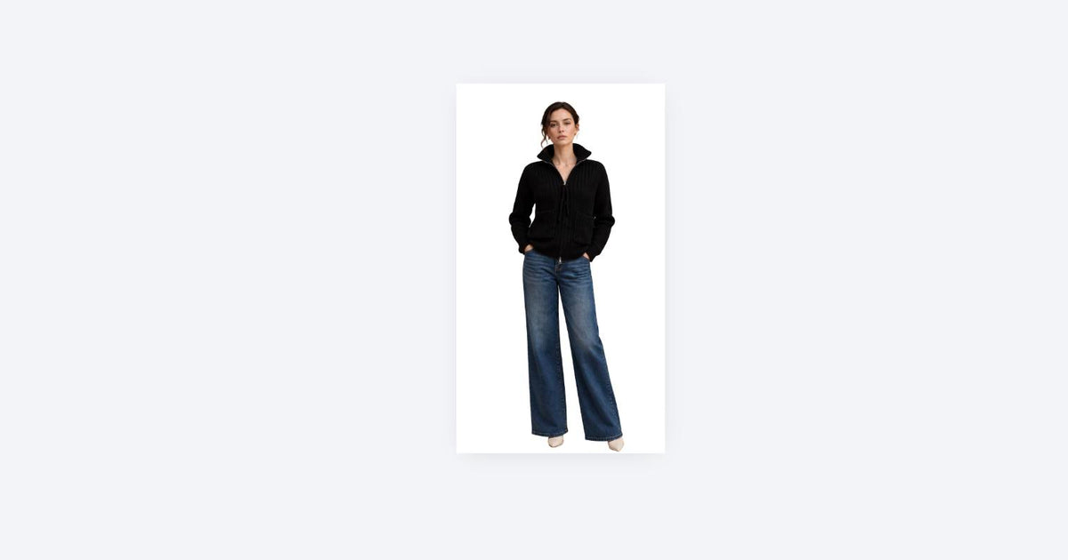 The Estella Zip-Up Ribbed Knit Cardigan - Black