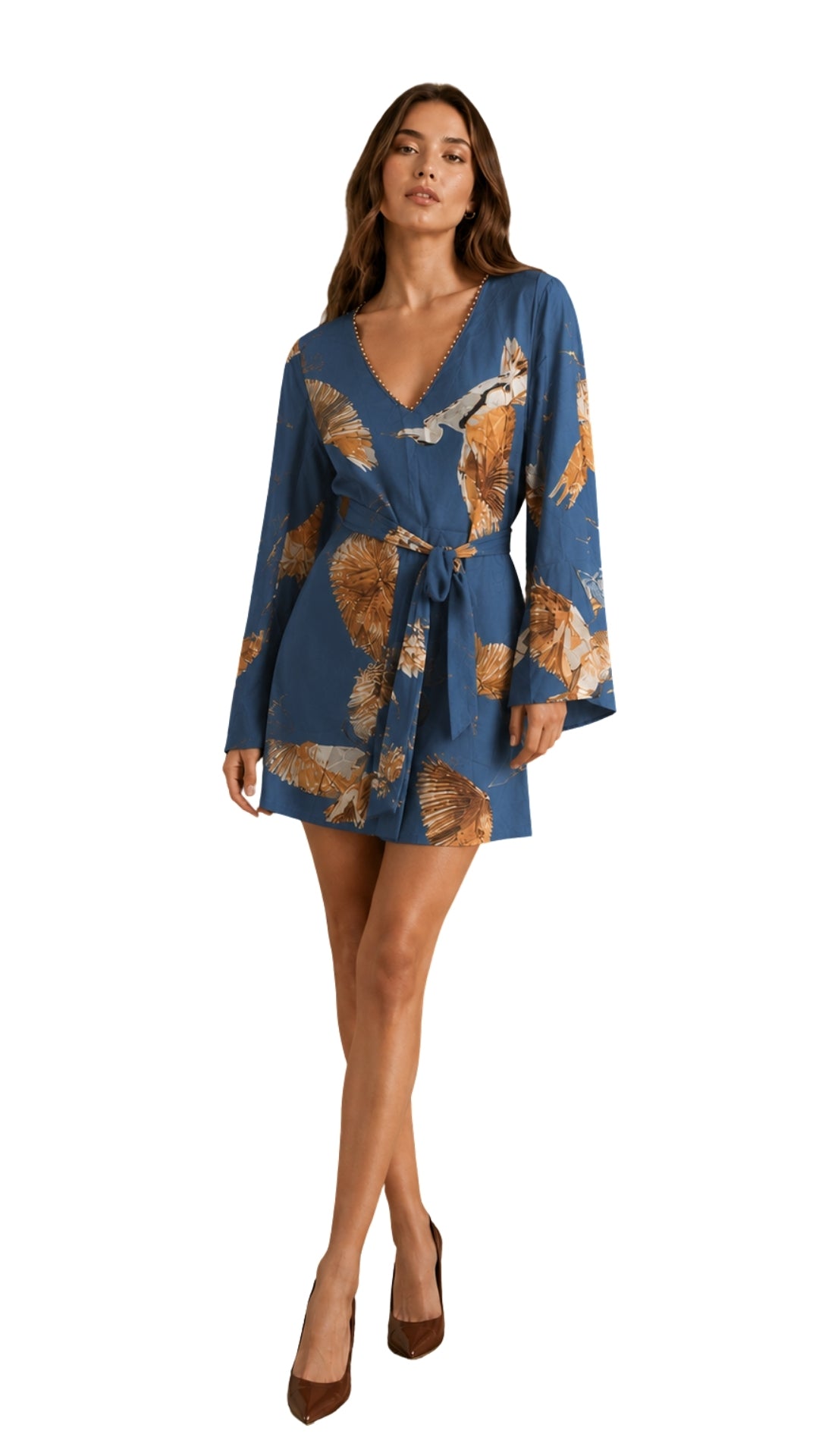 The Francesca Crane Print Beaded V-Neck Dress