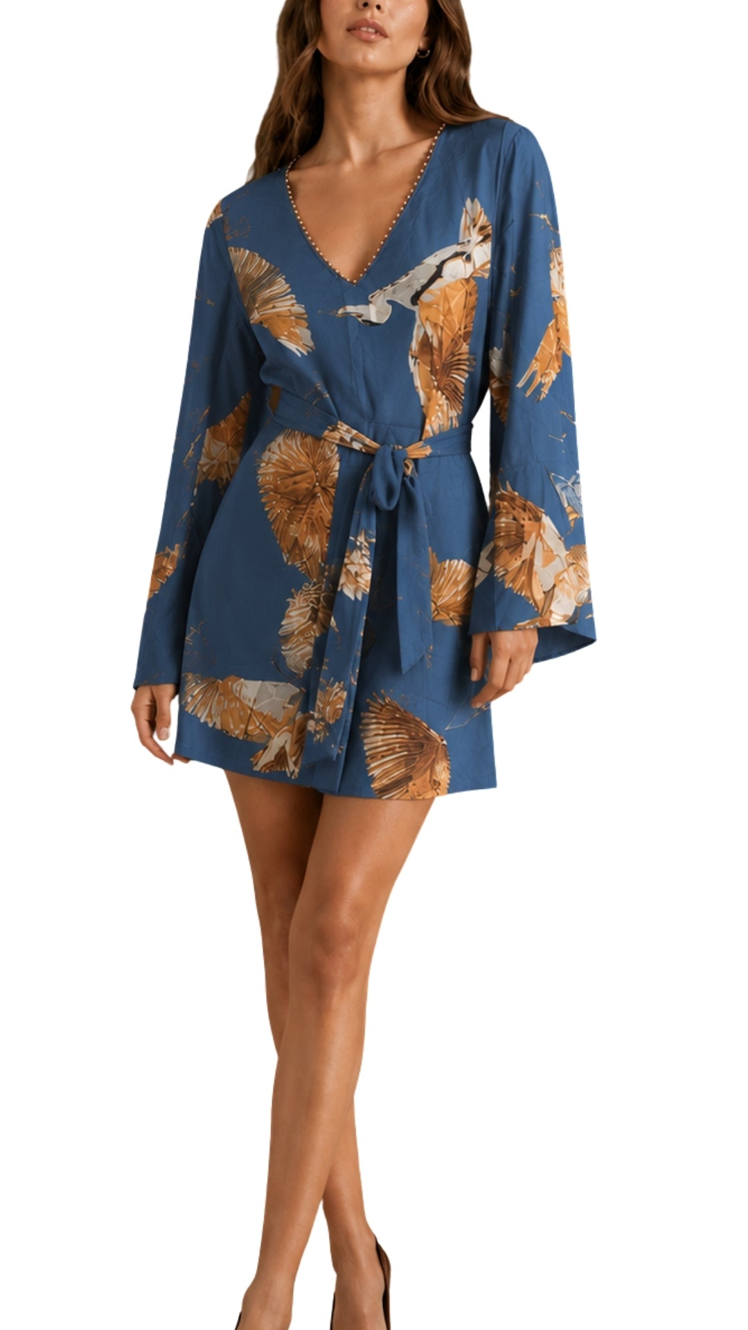 The Francesca Crane Print Beaded V-Neck Dress