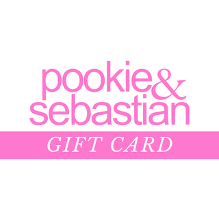 Gift card with the Pookie & Sebastian wordmark in pink on a white background