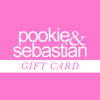 Gift card with the Pookie & Sebastian wordmark in white on a pink background