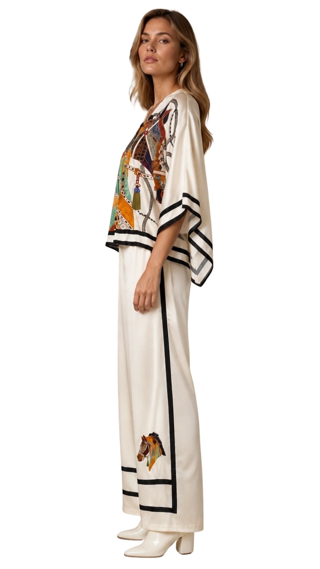 The Irine Equestrian Print Satin Pants & Silky Cardigan Set