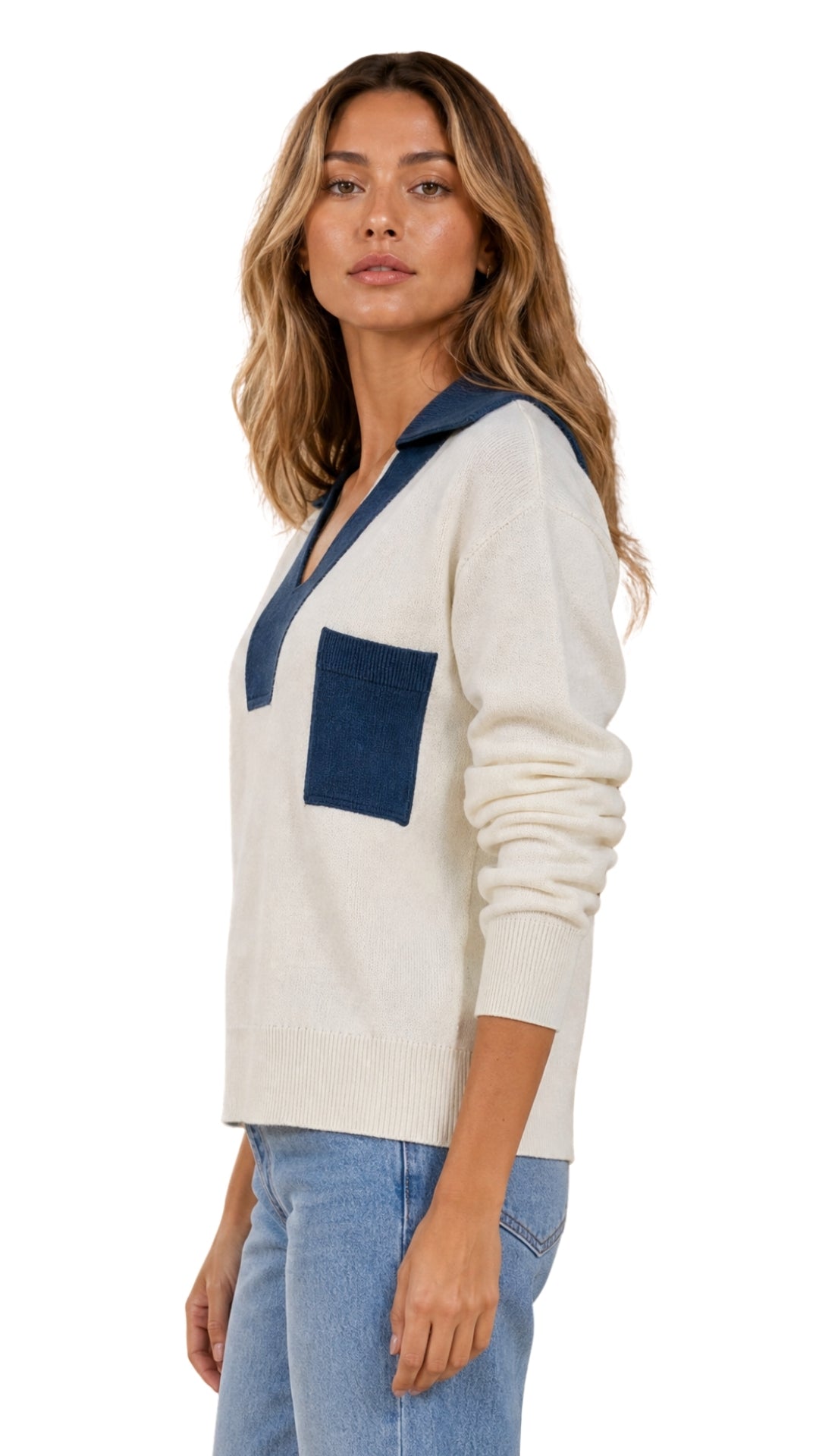 The Nicole Denim-Trim Knit Polo Sweater