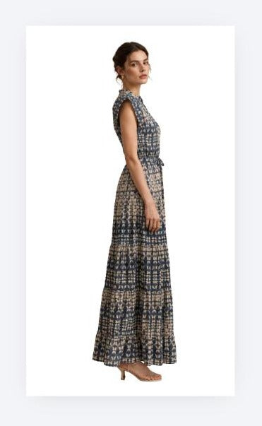 The Nina Batik Print Tiered Maxi Dress - Navy