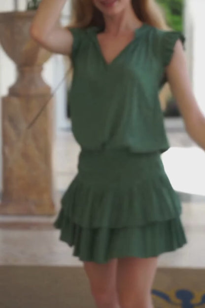 Leaf Pattern Mini Dress with Pleated Skirt