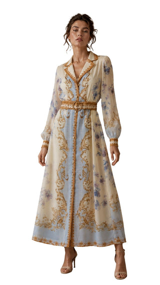 Rosie Button Down Belted Tiered Dress in cream and blue print, full-length front view with long sleeves and collar