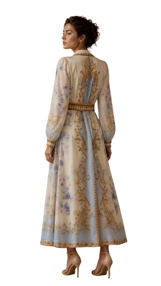Rosie Button Down Belted Tiered Dress in cream and blue print, back view showing the belted waist and flared maxi skirt