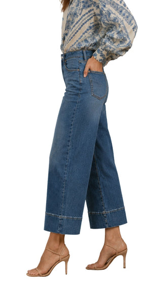 Sasha Seam-Front Jeans in mid-wash, side view showing high rise and front pocket
