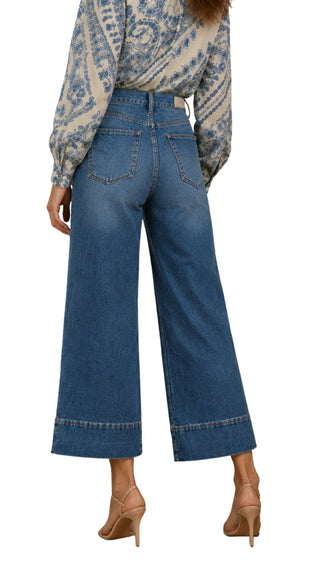 Sasha Seam-Front Jeans in mid-wash, back view showing two back pockets and wide leg
