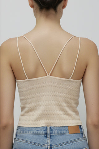 Elara Bralette Cami in cream, back view showing crossing double straps over a textured knit